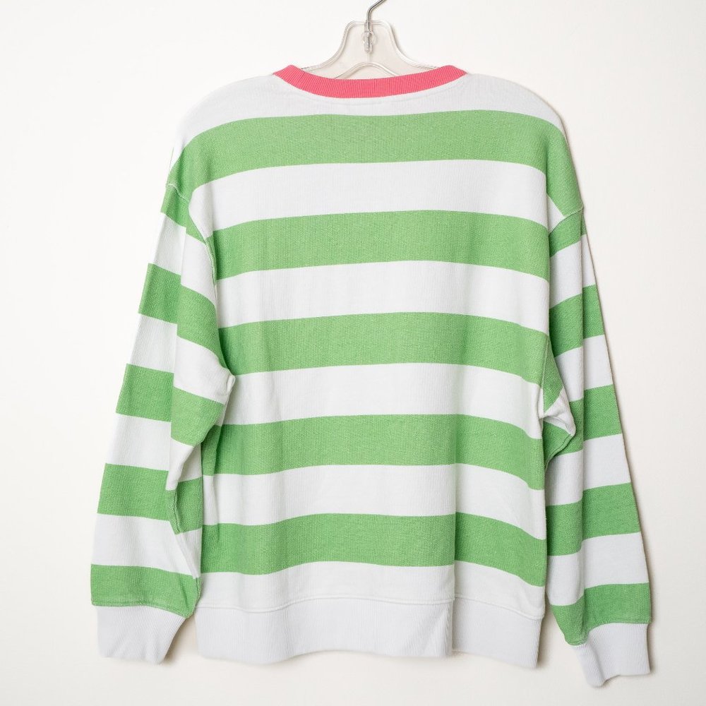 Frank & Oak White and Light Green Striped Sweatshirt with Pink Neckline - Picture 2 of 7